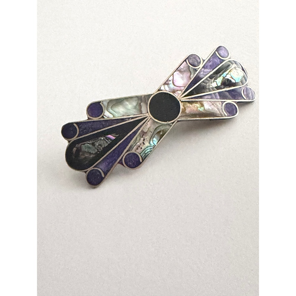 Artisan Abalone Shell Inlay Hair Barrette Purple Silver Tone Geometric Design
